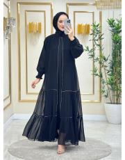 şifon üç katlı swarovski taşlı tasarım elbise 20234023 siyahgold