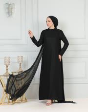 pelerinli omuz sarkık taşlı elbise 20244102 siyah