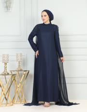 pelerinli omuz sarkık taşlı elbise 20244102 lacivert
