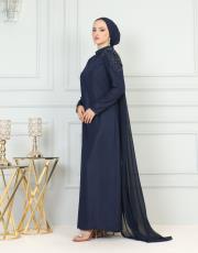 pelerinli omuz sarkık taşlı elbise 20244102 lacivert 2