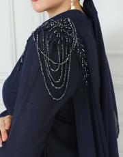 pelerinli omuz sarkık taşlı elbise 20244102 lacivert 3