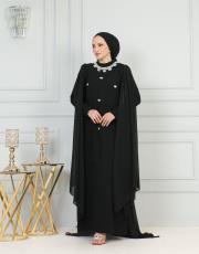 boyun taşlı pelerinli elbise 20244104 siyah