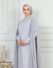 boyun taşlı pelerinli elbise 20244104 gri