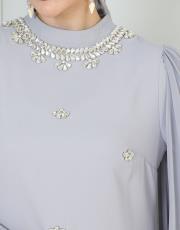 boyun taşlı pelerinli elbise 20244104 gri 2