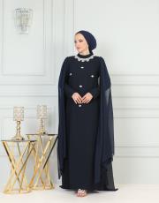 boyun taşlı pelerinli elbise 20244104 lacivert