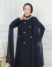 boyun taşlı pelerinli elbise 20244104 lacivert 2