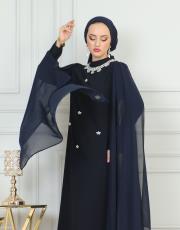 boyun taşlı pelerinli elbise 20244104 lacivert 4