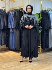 özel taş işlemeli şifon pelerin siyah