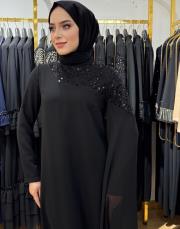 45985 tek omuz taşlı pelerinli elbise siyah 2