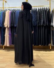 45985 tek omuz taşlı pelerinli elbise siyah 3