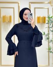 49758 kol valonlu önü taşlı elbise siyah