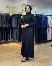 2176 sayra dantelli taşlı uzun ceket siyah