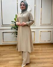 494 yaka çıtçıt pant.takım bej 2