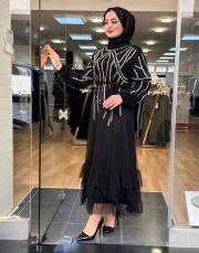 7220 dökme taş tüllü elbise siyah