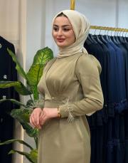 818 göğüs detay saten elbise haki 3