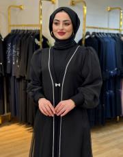 817 sayra organze ön taş abaya takım siyah