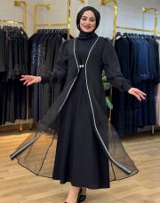 817 sayra organze ön taş abaya takım siyah 2