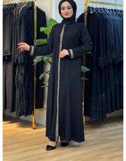 45686 patı ve kolu yaprak desen  taşlı ferace siyah gümüş