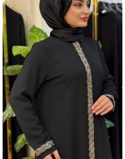 45686 patı ve kolu yaprak desen  taşlı ferace siyah gümüş 3