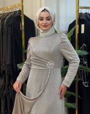 18150 pırıltı elbise taşlı bej 2