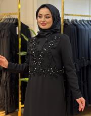 45697 göğüs dantel sarkık taşlı elbise siyah 2