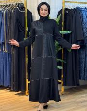 7408 krep taşlı elbise siyah