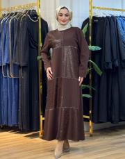 7408 krep taşlı elbise kahve