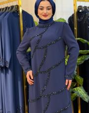 6225 desen taş işleme elbise lacivert