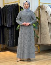 dökme taşlı abiye elbise gri