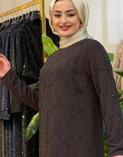 dökme taşlı abiye elbise kahve