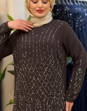 7522 dökme taş elbise kahverengi