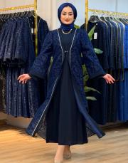 1225 desenli organze abiye elbise lacivert