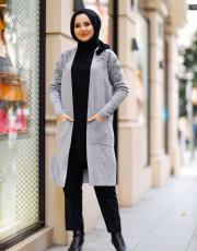 taş işlemeli hırka 32070 gri