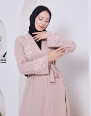 göğüs kol dantel taş işlemeli abaya 32101 vizon 2