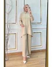 elya keten pantolonlu takım  bej