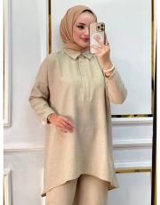 elya keten pantolonlu takım  bej 2