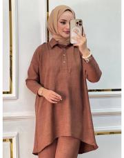 elya keten pantolonlu takım  kahve 2