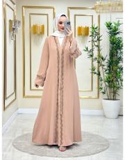 patı şerit taşlı tüylü abaya vizon