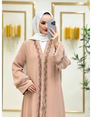 patı şerit taşlı tüylü abaya vizon 2