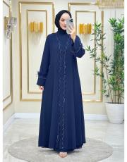 patı şerit taşlı tüylü abaya lacivert