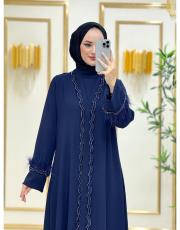 patı şerit taşlı tüylü abaya lacivert 2