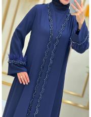 patı şerit taşlı tüylü abaya lacivert 3