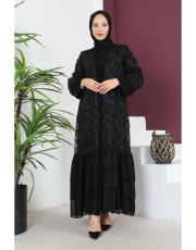üç kat şifon simli abaya takım siyah