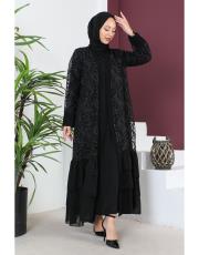 üç kat şifon simli abaya takım siyah 2