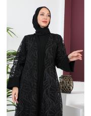 üç kat şifon simli abaya takım siyah 3