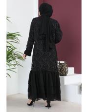 üç kat şifon simli abaya takım siyah 4