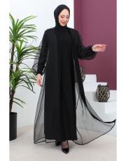 organze patı ve kol elde taş işleme abaya 20234014 siyah 2